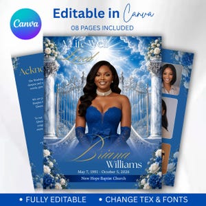 Może przedstawiać: Szablon programu pogrzebowego z niebieskim niebem, białymi chmurami, marmurowymi kolumnami i kwiatami. Tekst zawiera A Life Well Lived, Briana Williams, May 7, 1991 - October 5, 2026 oraz New Hope Baptist Church. Możliwość edycji w Canva.