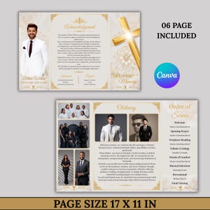 May include: A six-page funeral program template featuring gold cross accents and floral backgrounds. The layout includes sections for an acknowledgement, obituary, and order of service, with placeholders for photos of a person in a suit.