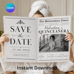 Quinceañera-tidningsmall, redigerbar Canva-inbjudan till spara datumet, tidning till Sweet 15-årsdag, inbjudan till Quince Magazine.