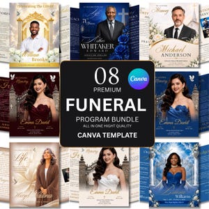 Könnte beinhalten: Ein digitales Bündel von Trauerprogramm-Vorlagen mit verschiedenen Designs, Porträts, floralen Akzenten und religiösen Bildern. Der zentrale Text lautet 08 PREMIUM FUNERAL PROGRAM BUNDLE ALL IN ONE HIGHT QUALITY CANVA TEMPLATE.