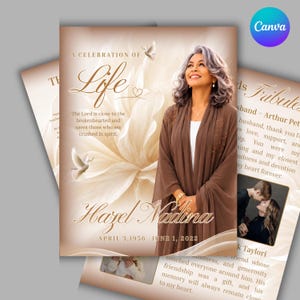 May include: A funeral program template featuring a portrait of a person with gray hair wearing a brown robe, set against a beige background with white flower petals and doves. Text includes A CELEBRATION OF LIFE, Hazel Nadina, and dates.