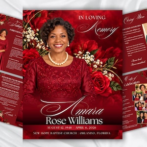 Puede incluir: Una plantilla de programa funerario con el retrato de una persona con vestido rojo oscuro y collar de perlas, sobre un fondo de rosas rojas. El texto incluye In Loving Memory, Amara Rose Williams, 12 de agosto de 1948 - 6 de abril de 2026.