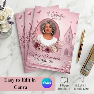 May include: A pink funeral program brochure featuring a portrait of a woman, a church illustration, and floral accents. The text reads A Celebration of the Life of Mary Elizabeth Anderson, May 14, 1942 - April 30, 2024, and Your Life Was a Blessing, Your Memory a Treasure.