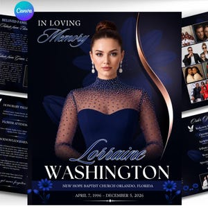 Może przedstawiać: Szablon programu pogrzebowego z portretem osoby w ciemnoniebieskiej sukni z wysokim kołnierzem i zdobieniami z koralików. Tekst głosi In Loving Memory, Lorraine Washington, New Hope Baptist Church Orlando, Florida, 7 kwietnia 1996 - 5 grudnia 2026.