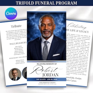 Könnte beinhalten: Eine dreifach gefaltete Trauerprogramm-Vorlage mit dem Porträt eines Mannes in Anzug und Krawatte vor einem blauen, bewölkten Himmel. Der Text enthält In Loving Memory of Robert Jordan, 16. Nov. 1978 - 28. Apr. 2026, Tribute, Pallbearers und Celebrating the Life & Legacy.