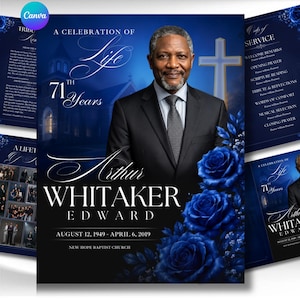 Peut inclure: Un modèle de programme funéraire avec le portrait d'un homme en costume, des roses bleues et une croix. Le texte inclut A CELEBRATION OF LIFE, 71 YEARS, Arthur WHITAKER EDWARD, AUGUST 12, 1949 - APRIL 6, 2019, et NEW HOPE BAPTIST CHURCH.
