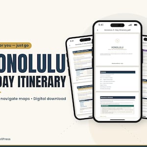 May include: Three smartphones display a digital Honolulu 3-Day Itinerary PDF with tap-to-navigate maps. The text reads Done for you - just go, HONOLULU 3-DAY ITINERARY, Tap-to-navigate maps - Digital download, and WanderwellPress at the bottom.