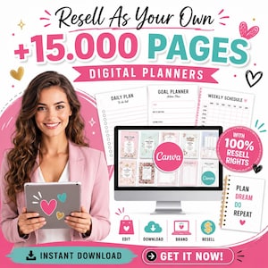 May include: A digital product bundle featuring over 15,000 pages of planners. The graphic displays a computer monitor showing various planner templates, a spiral-bound notebook with the text Plan Dream Do Repeat, and icons for edit, download, brand, and resell.