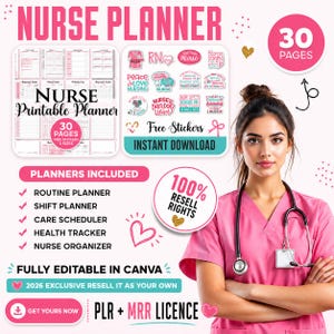 May include: A digital nurse planner set featuring 30 pages, printable templates, and free stickers. The set includes a routine planner, shift planner, care scheduler, health tracker, and nurse organizer, all fully editable in Canva with PLR and MRR.