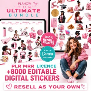 Puede incluir: Un paquete de productos digitales que incluye 8000 pegatinas digitales editables con licencia PLR MRR. La imagen muestra varios iconos de color rosa, incluyendo equipos de fitness, material escolar y artículos de estilo de vida, con textos que indican The Ultimate Bundle y 100% Resell Rights.