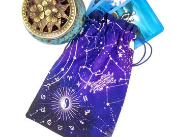 Tarot Bag, Zodiac Print Tarot, Tarot Accessories, Oracle Card Bag, Astrology Print Tarot Bag,  Purple Tarot Bag