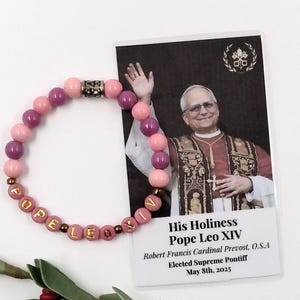 Lembrança do Papa Leão XIV, pulseira elástica de contas com cartão de oração do Papa Leão XIV