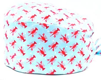 Scrub Cap, Crawfish Print Scrub Cap, Cotton Tie Back Scrub Cap