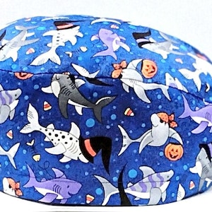 Scrub Cap, Halloween Shark Print Scrub Cap, Halloween Scrub Cap