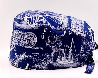 Scrub Cap, Nautical Print Scrub Cap, Navy Blue Nautical Print Surgical Cap