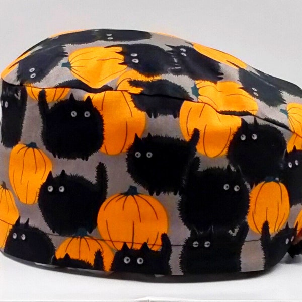 Scrub Cap, Halloween Scrub Cap, Fat Black Cat Print Halloween Scrub Cap