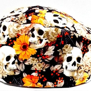 Scrub Cap, Halloween Scrub Cap, Skulls and Flowers Print Scrub Cap