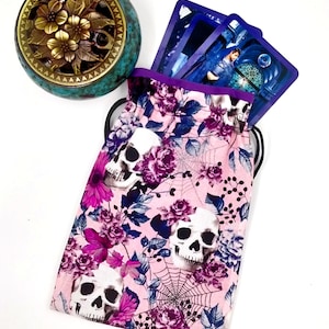 Tarot Bag, Skulls and Pink Flowers Tarot Bag, Tarot Pouch, Tarot Drawstring Pouch, Crystal Pouch, Tarot Deck Bag, Tarot Deck Pouch,