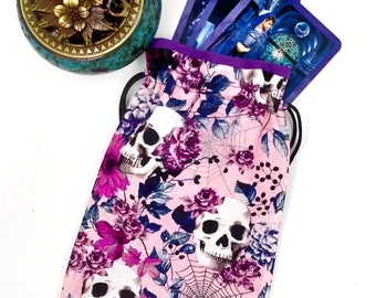 Tarot Bag, Skulls and Pink Flowers Tarot Bag, Tarot Pouch, Tarot Drawstring Pouch, Crystal Pouch, Tarot Deck Bag, Tarot Deck Pouch,