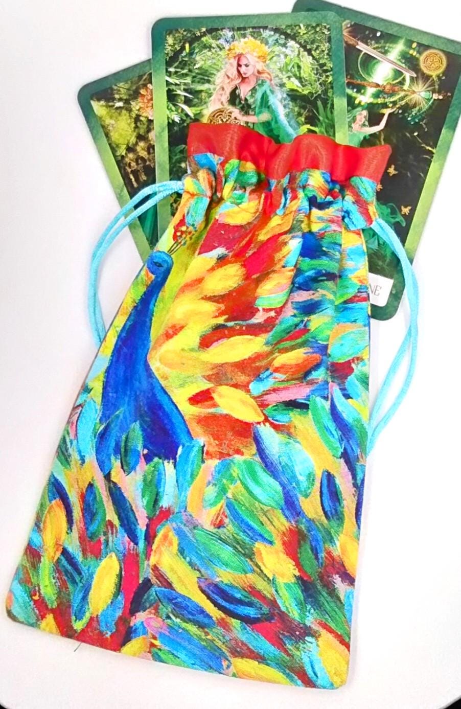 Tarot Bag, Peacock Watercolor print Tarot Bag, Drawstring Pouch, Crystal Pouch, Tarot Deck Pouch