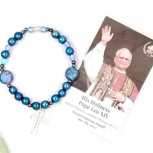 Pope Leo XIV Keepsake, Iridescent Beaded Bracelet with Pope Leo XIV Prayer Card