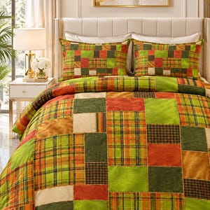 Autumn Plaid Patchwork Duvet Cover Set – Green Orange Brown Cozy Bedding (Queen)
