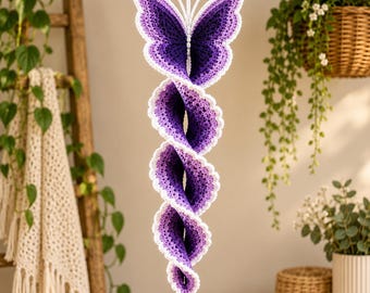 Haakpatroon voor een vlinder (PDF), spiraalvormig hangend ornament, paarse lavendel vlinder wanddecoratie, gehaakte windmolen, handleiding voor een handgemaakt cadeau