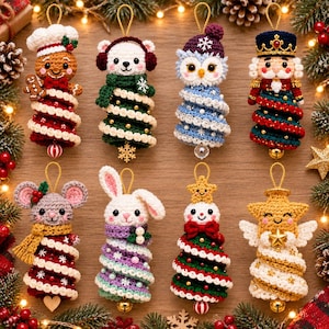 May include: A set of eight crocheted Christmas ornaments featuring a gingerbread person, a bear with earmuffs, an owl, a nutcracker, a mouse, a rabbit, a snowman, and a star angel, each with a spiral base and a gold hanging loop.