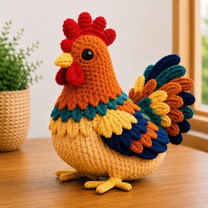 Op de afbeelding: Een gehaakt kippenfiguur met een feloranje kop, een rode kam en lellen, en een gele snavel. Het lichaam is lichtgeel met gelaagde, geschulpte veren in de kleuren petrol, geel, oranje en donkerblauw. Het heeft grote zwarte plastic ogen.
