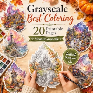 May include: A collection of 20 printable grayscale coloring pages featuring intricate autumn-themed illustrations of castles, lighthouses, and trains shaped like leaves, with text reading Grayscale Best Coloring and MoonlitGrayscale.