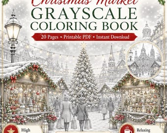 May include: A Christmas Market Grayscale Colouring Book featuring 20 pages of printable holiday scenes. The cover displays a snowy market with a large Christmas tree, stalls, and people, with text reading Christmas Market Grayscale Colouring Book.