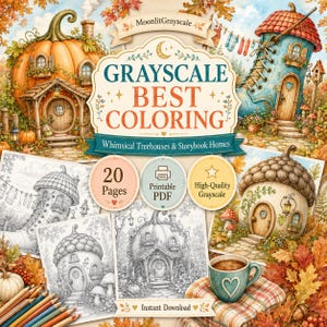 Op de afbeelding: Een digitaal kleurboek getiteld Grayscale Best Coloring met grillige boomhutten en sprookjeshuizen. De omslag toont 20 pagina's met printbare PDF-grijswaardenillustraties, waaronder een pompoenhuis, een schoenhuis en een eikelhuis.