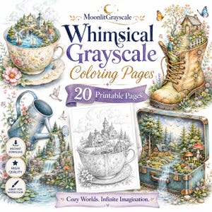 May include: A digital collection titled MoonlitGrayscale Whimsical Grayscale Coloring Pages featuring 20 printable pages. The cover displays illustrations of a teacup, a boot, a watering can, and a suitcase, each containing miniature landscapes.