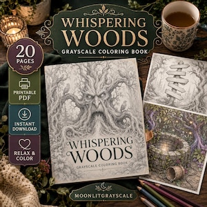 Può includere: Un libro da colorare in scala di grigi Whispering Woods con un'illustrazione di copertina di un volto d'albero nodoso e arrabbiato. Il libro include 20 pagine, è un PDF stampabile e offre il download istantaneo per l'utente.