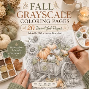 Könnte beinhalten: Ein druckbares PDF-Malbuch-Set mit dem Titel FALL GRAYSCALE COLORING PAGES 20 Beautiful Pages. Die Seite zeigt eine Graustufen-Illustration von Kürbissen in einem Holzkarren mit Sonnenblumen sowie Text für den sofortigen Download.