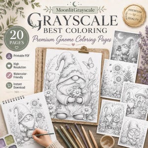 May include: A digital collection of 20 grayscale gnome coloring pages titled MoonlitGrayscale. The set includes printable PDF files featuring detailed illustrations of gnomes with flowers, butterflies, and mushrooms, designed for high-resolution printing.