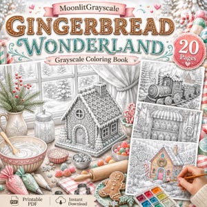 May include: A Gingerbread Wonderland grayscale coloring book featuring 20 pages. The cover displays a gingerbread house, a bowl of frosting, piping bags, a rolling pin, and a gingerbread cookie, alongside illustrations of a train and candy shop.