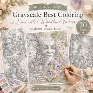 Może przedstawiać: Cyfrowa kolorowanka zatytułowana MoonlitGrayscale Enchanted Woodland Fairies zawierająca 20 stron do druku. Okładka przedstawia ilustracje w odcieniach szarości przedstawiające uśmiechniętą twarz drzewa, domki z grzybów i wróżkę.