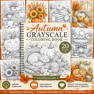 以下が含まれることがあります： 20ページの秋をテーマにしたイラストが収録されたスパイラル綴じのAutumn Grayscale Coloring Book。表紙には、ニットのブランケットの上で眠る猫と、大きなカボチャ、マグカップが描かれており、Autumn Grayscale Coloring Bookという文字が記されています。