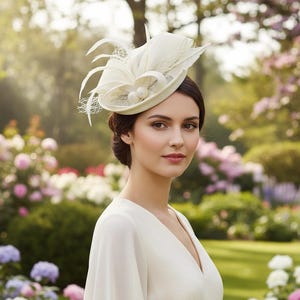 May include: An off-white fascinator hat featuring structured fabric loops, delicate netting, and two round pearl-like accents. The headpiece is worn with a matching off-white V-neck dress with long, flowing sleeves, creating a coordinated ensemble.