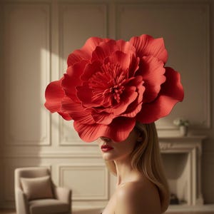 Op de afbeelding: Een grote, felrode bloem als hoofddeksel met gelaagde, getextureerde bloemblaadjes die het bovenste deel van het gezicht gedeeltelijk bedekken. Het accessoire heeft een dicht, geplooid centrum en brede, gebogen buitenste bloemblaadjes.