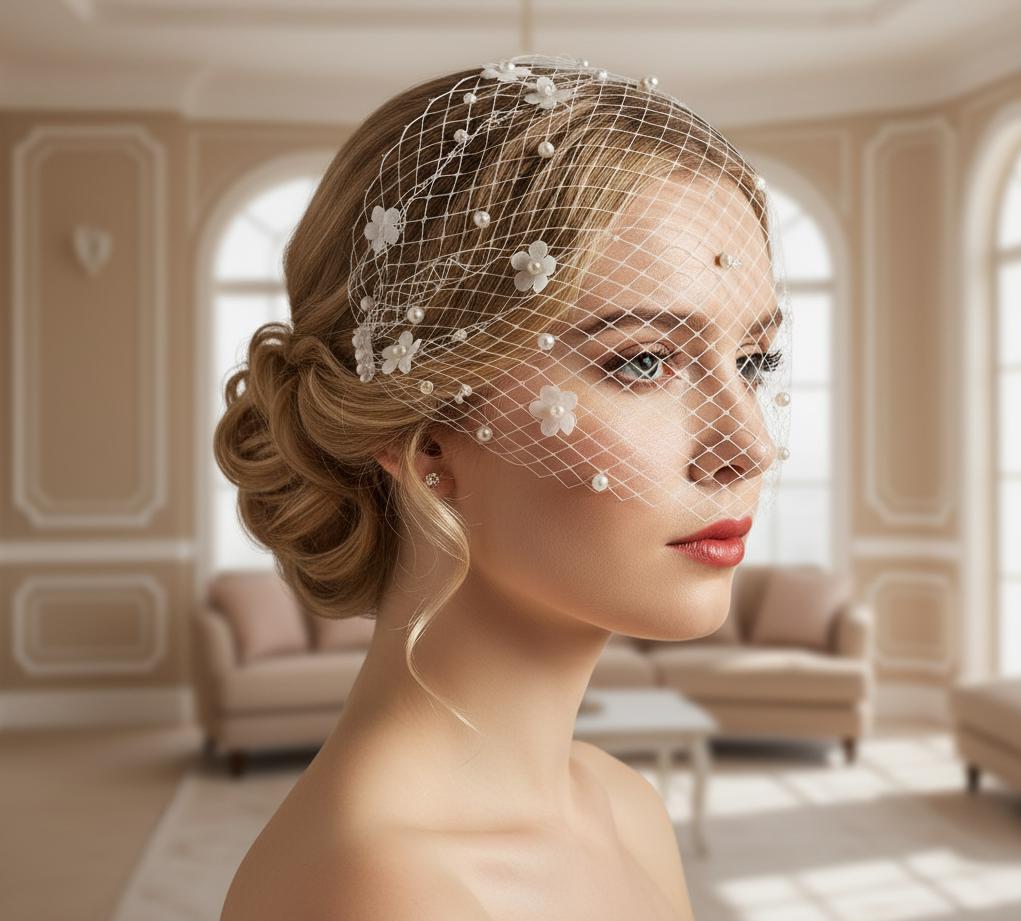 Floral Birdcage Veil, Pearl Bridal Fascinator Hair Clip