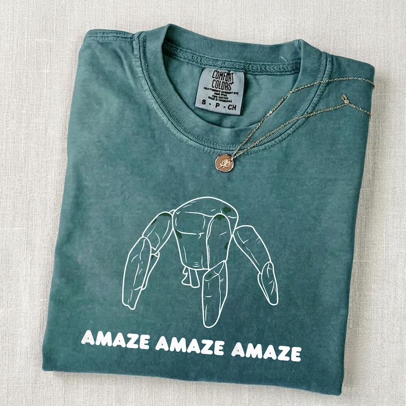 May include: A teal crew neck t-shirt with a white line art graphic of a robotic figure and the text "AMAZE AMAZE AMAZE" printed below. The shirt features a Comfort Colors brand label at the inner neckline and a thin gold chain necklace resting on top.