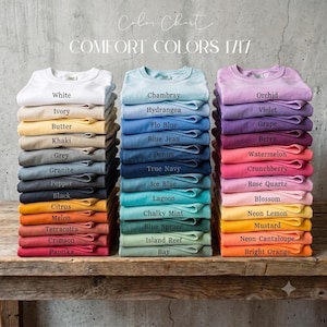 May include: Three vertical stacks of folded t-shirts labeled Comfort Colors 1717. The left stack features neutral and warm tones like White, Ivory, Butter, Khaki, Grey, Granite, Pepper, Black, Citrus, Melon, Terracotta, Crimson, and Paprika.