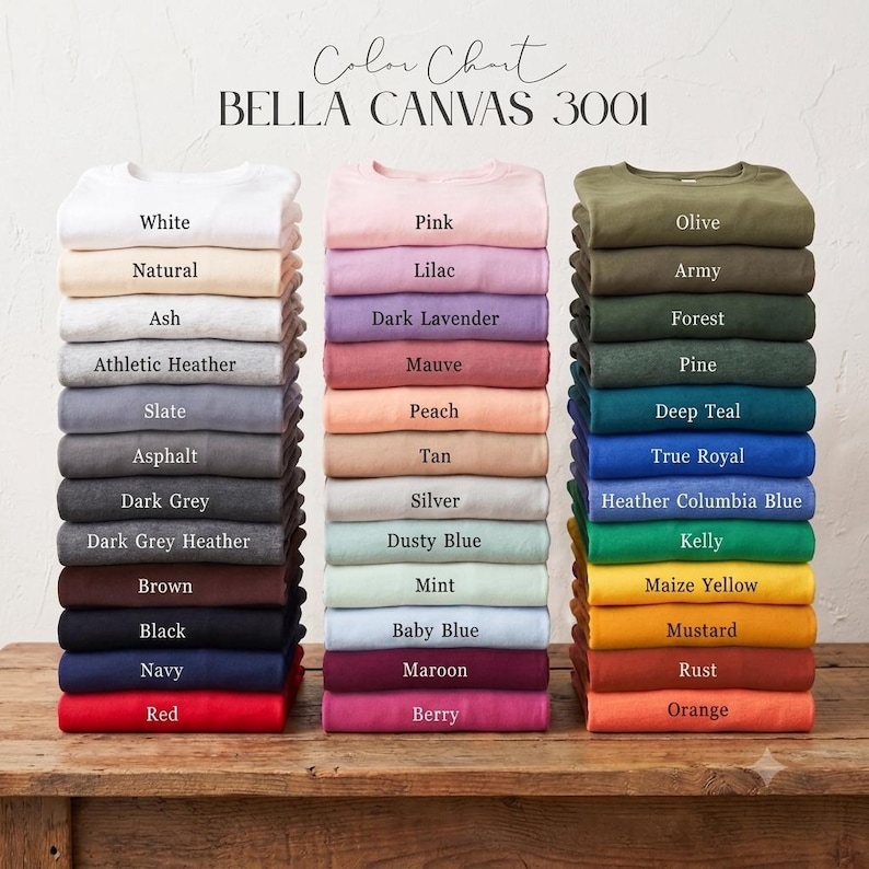 May include: A color chart for Bella Canvas 3001 t-shirts, displaying three vertical stacks of folded shirts in various colors. Each shirt is labeled with its color name, including white, natural, ash, athletic heather, slate, asphalt, dark grey, brown, black, navy, red, pink, lilac, lavender, mauve, peach, tan, silver, blue, mint, maroon, berry, olive, army, forest, pine, teal, royal, kelly, yellow, mustard, rust, and orange.