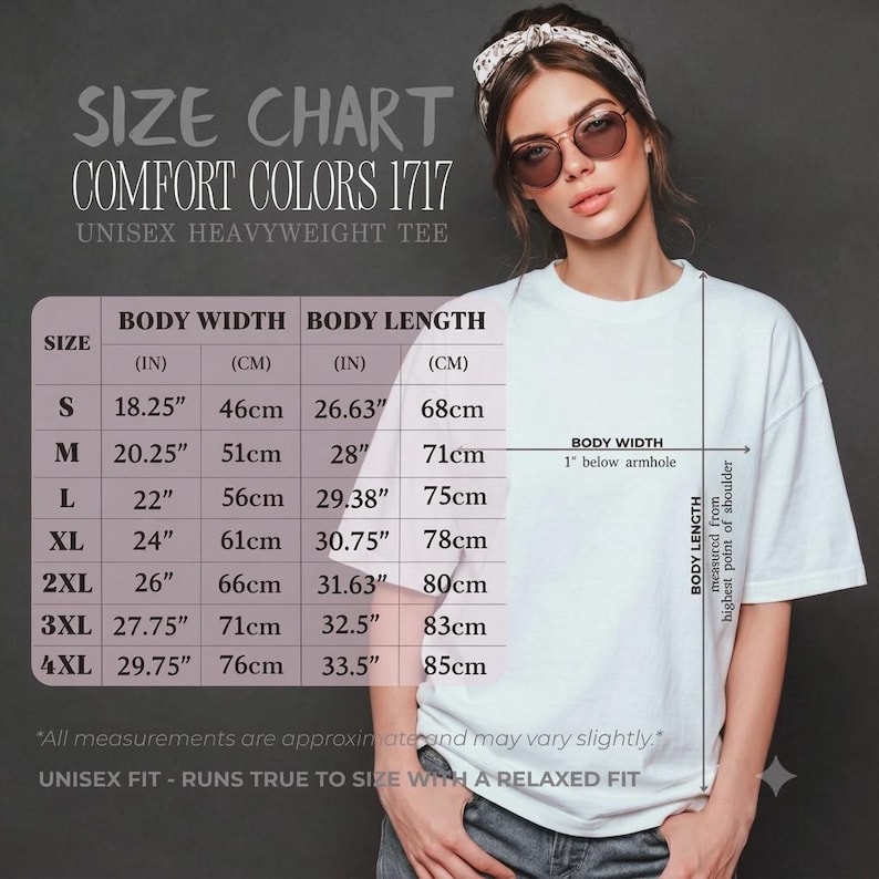 May include: A size chart for a Comfort Colors 1717 unisex heavyweight tee. The chart lists sizes S through 4XL with body width and length measurements in inches and centimeters. The text includes instructions for measuring body width and length.