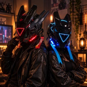 Pode incluir: Dois capacetes futuristas com designs angulares e viseiras triangulares brilhantes. O capacete esquerdo é preto com detalhes em LED vermelho e uma alça vermelha, o direito é preto com detalhes em LED azul e fitas de tecido azuis.