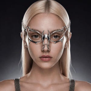 Peut inclure: Un accessoire de visage en métal argenté présentant un design pointu rappelant des épines, s'étendant sur l'arête du nez et autour des yeux. La pièce comprend de fines chaînes métalliques partant des côtés vers l'arrière de la tête.