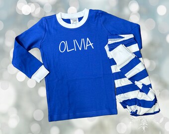 Personalized Youth Blue White Pajamas, Christmas Pajamas, Matching Pajamas