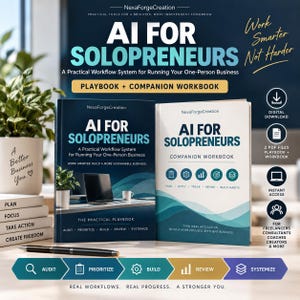 May include: Two books titled AI FOR SOLOPRENEURS, a dark blue playbook and a white companion workbook. The covers feature the text A Practical Workflow System for Running Your One-Person Business, Work Smarter Not Harder, and icons for plan, apply, track, refine, and build habits.
